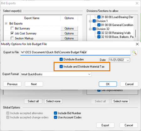 Job Budget Export - Include and Distribute Material Tax?