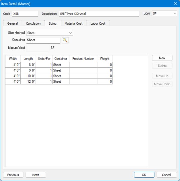 Quick Bid Item Detail with sizing tab open