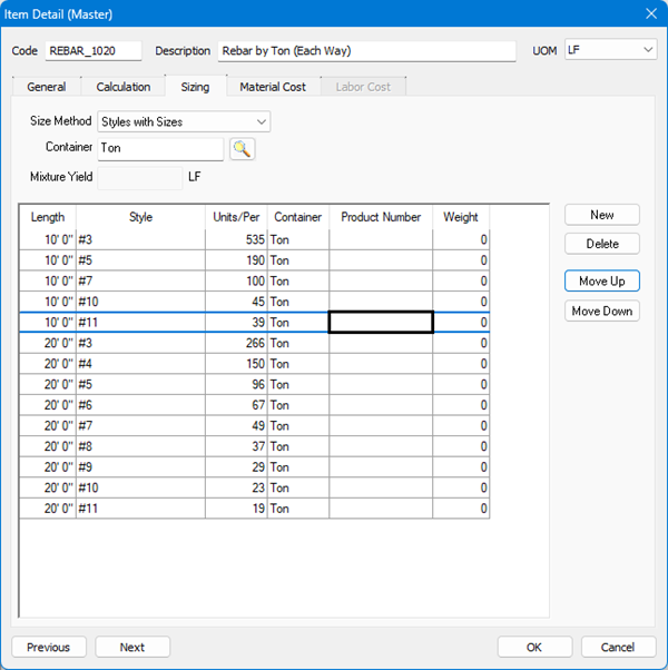Quick Bid Item Detail dialog box showing the Sizing tab