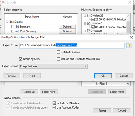 Job Budget Export - ComputerEase selected