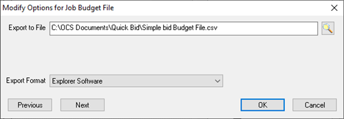 Job Budget Export dialog box - Explorer Software selected