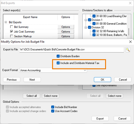 Job Budget Export - Jonas Include and Distribute Material Tax?