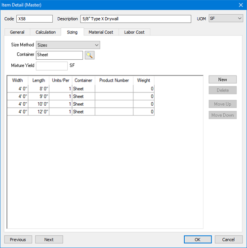 X58 Item Details Sizing tab