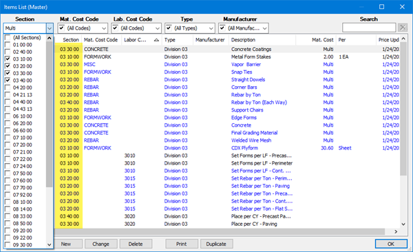 Items List filtered to multiple Sections