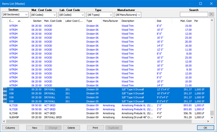 Item List with Sizes column showing