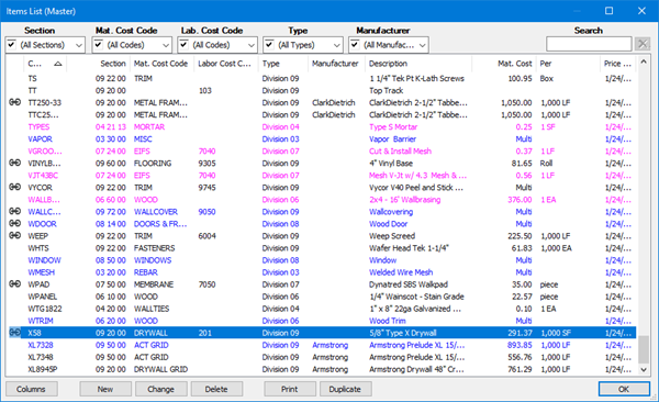 Quick Bid Items List - X58 selected