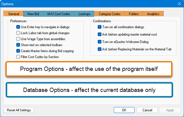 Quick Bid Options dialog box indicating which affect the current database and which affect the program (all databases)