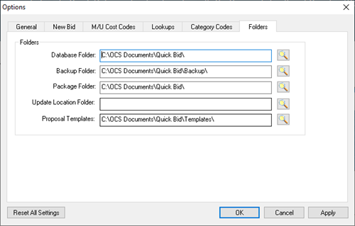 Quick Bid Folder Options dialog box