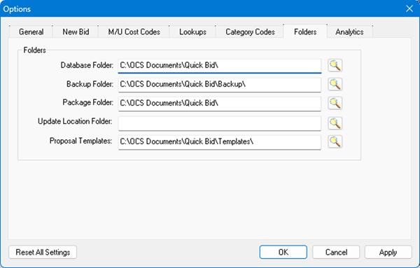 Quick Bid Options dialog with Folder tab selected
