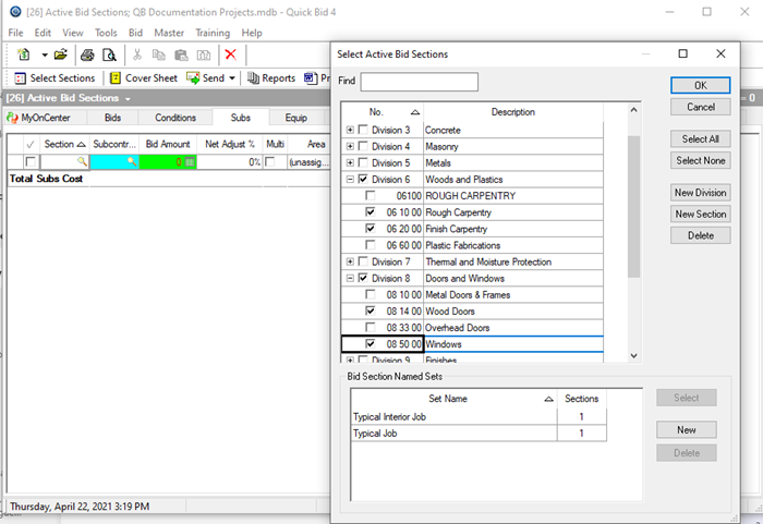 Select Active Bid Sections dialog box