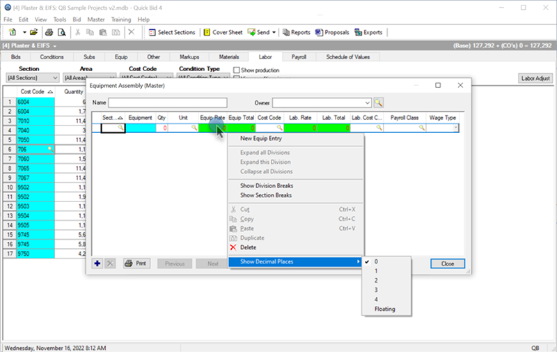 Quick Bid - Set decimals in an Equipment Assembly