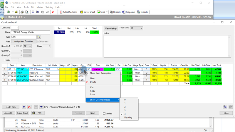 Quick Bid - Set decimals on the SOV Tab