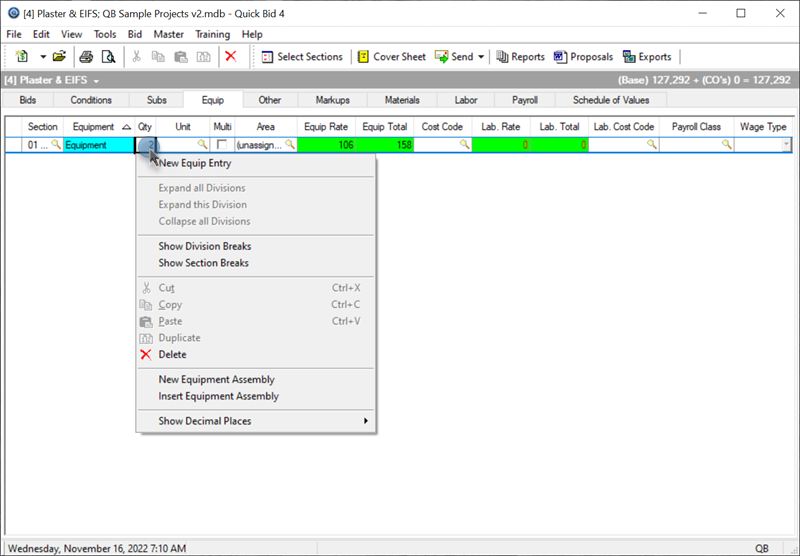 Quick Bid - Set decimals on the Equip Tab