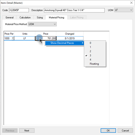 Quick Bid - Set decimals in an Item Detail dialog box