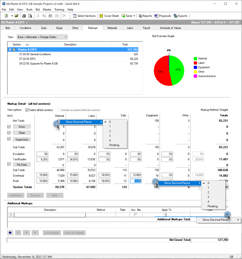 Quick Bid - Set decimals on the Markups Tab