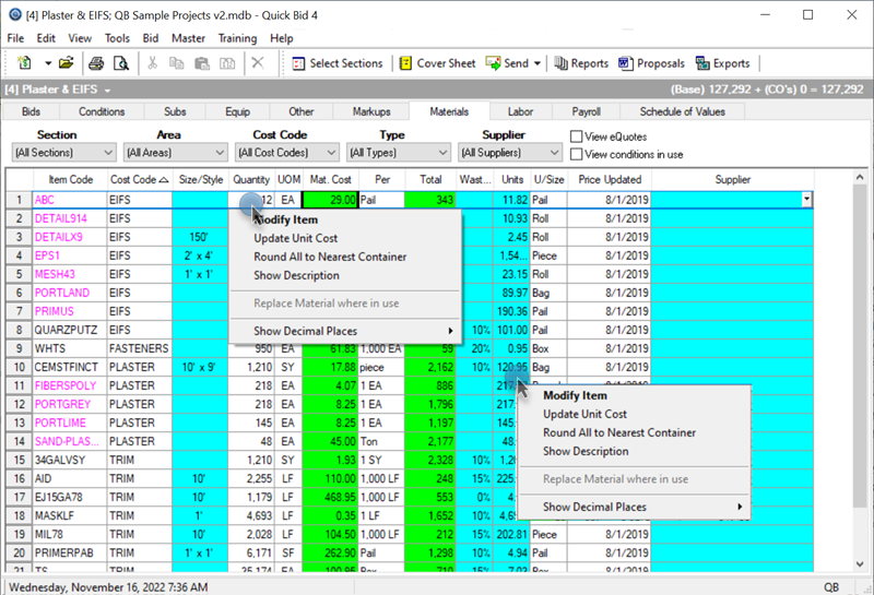 Quick Bid - Set decimals on the Materials Tab