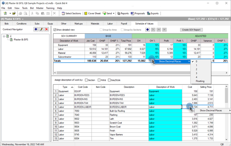 Quick Bid - Set decimals on the SOV Tab