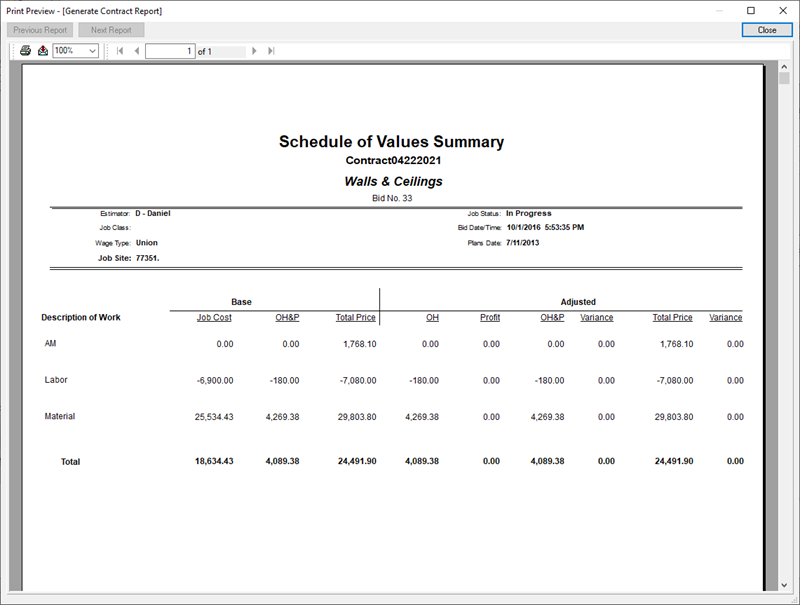 QB SOV Summary Report - overhead and profit details