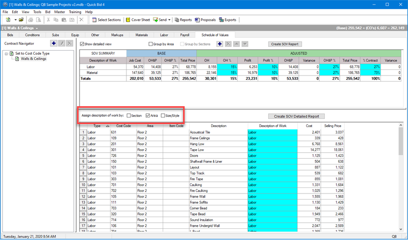 Breaking QB SOV Tab Details by Bid Area