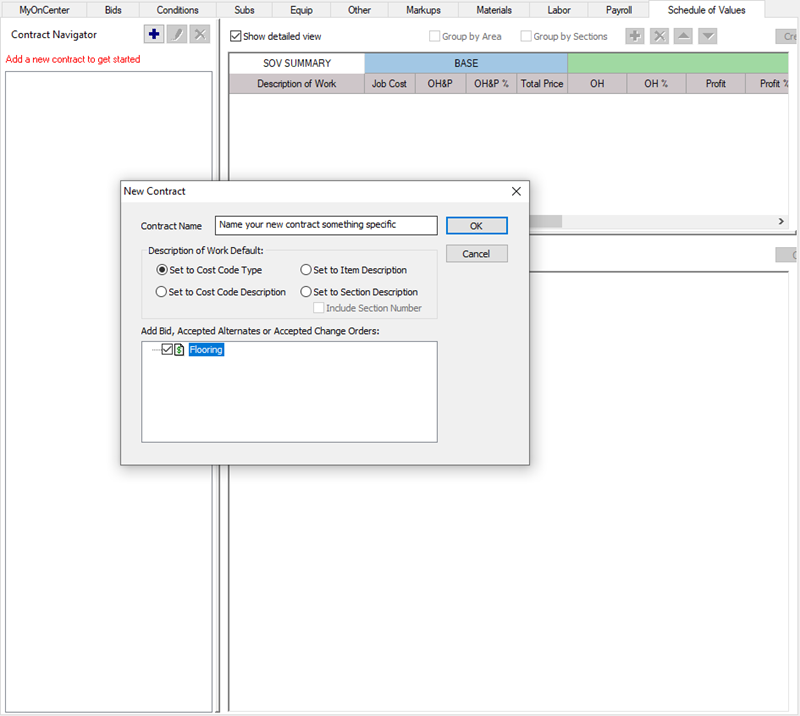 Quick Bid Schedule of Values Tab showing New Contract dialog box