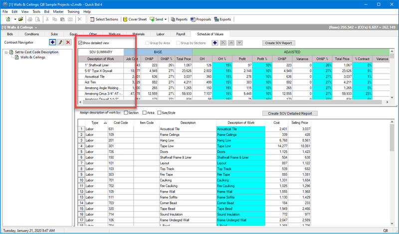 QB SOV Tab Shown by Cost Code Description