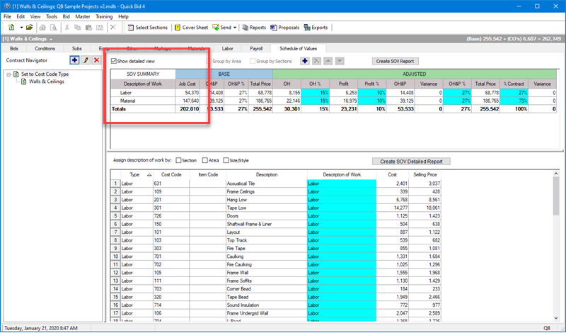 Quick Bid Schedule of Values Tab Shown by Cost Code Type