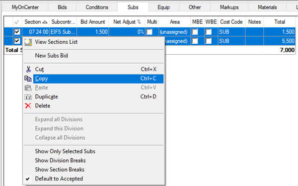 Quick Bid Subs Tab showing how to copy rows of data