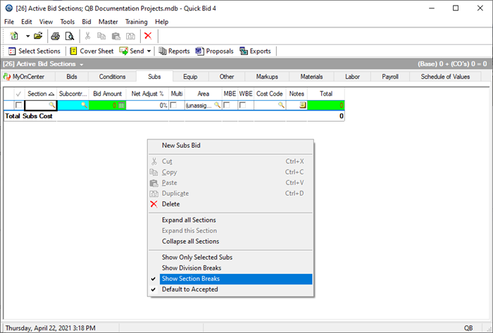 Subs Tab showing Context Menu with Section breaks enabled