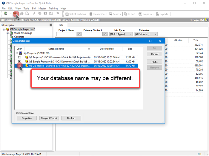 Quick Bid Open Databases dialog box open