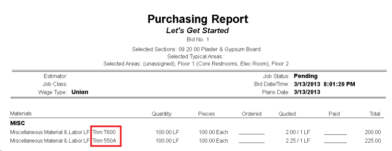 Quick Bid example of Miscallenous Items on Purchasing Report