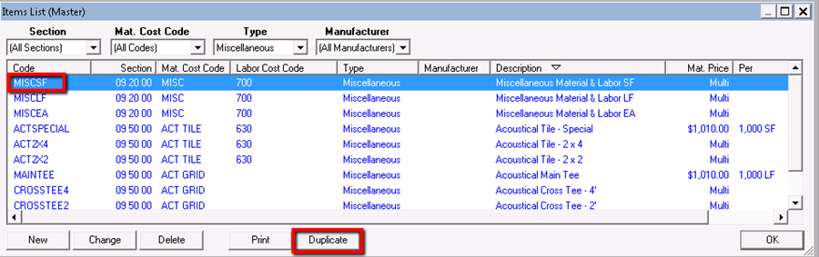 Quick Bid Items list - duplicating a Miscellaneous item
