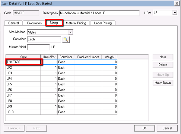 Quick Bid modifying existing Item Detail adding a new size on Sizing Tab