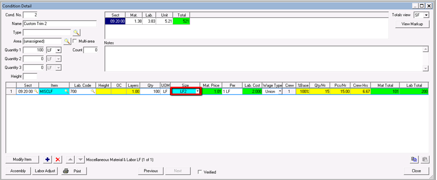 Quick Bid Changing Size on Condition Detail