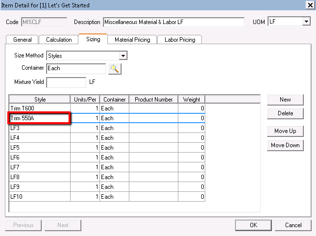 Quick Bid modifying existing Item Detail adding another new size on Sizing Tab