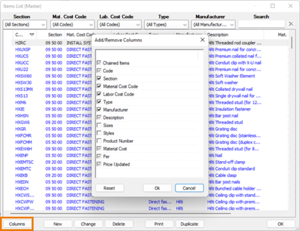 QB Master Items List - column picker