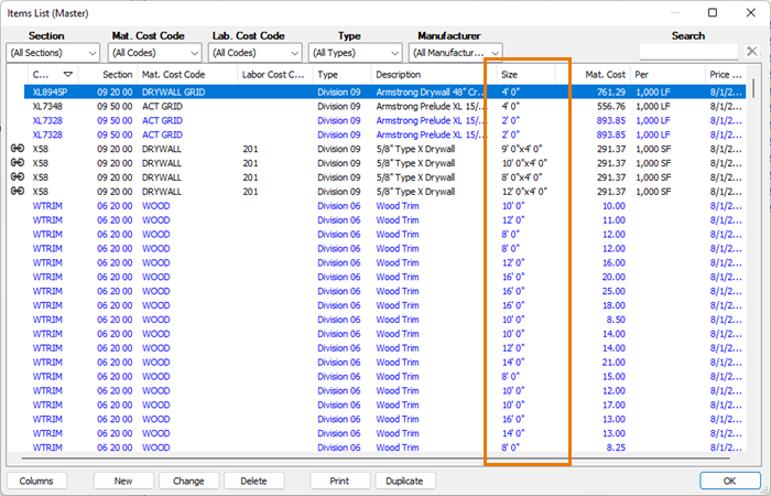 QB Master Items List showing Sizes column