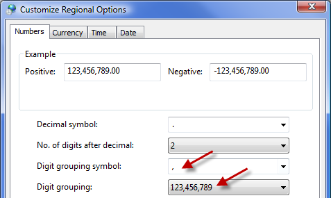 Windows Regional Settings digit grouping set to comma