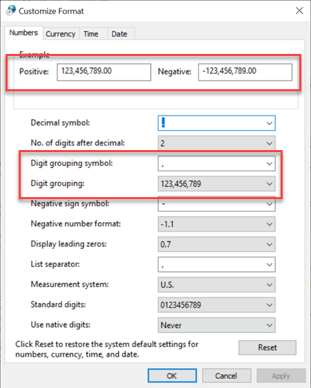 Windows Regional Settings digit grouping set to comma - applied