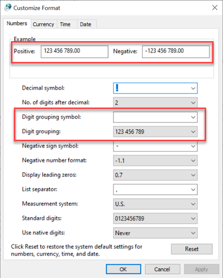 Windows Regional Settings digit grouping set to space