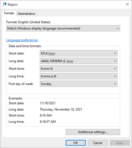 Windows Regional Settings dialog box