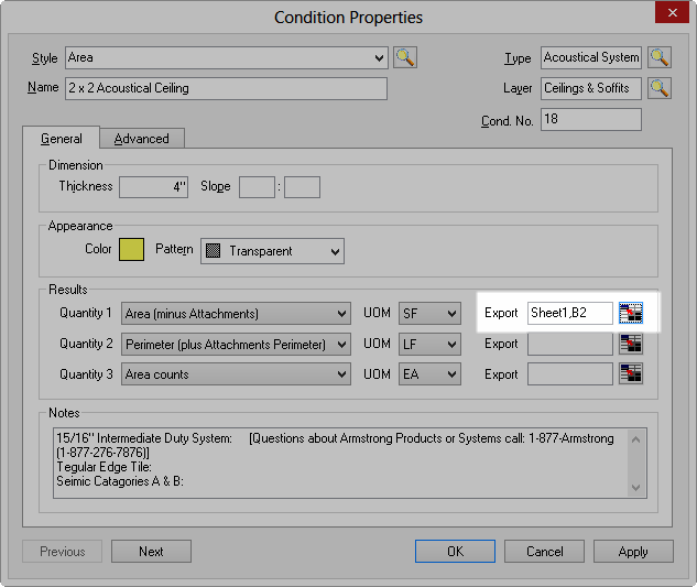 On-Screen Takeoff Condition Properties dialog box showing the cell reference