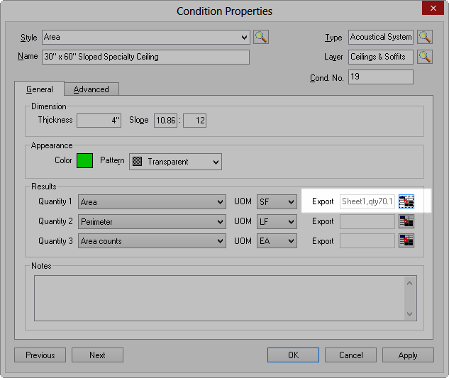 On-Screen Takeoff Condition Properties dialog box showing the named range reference