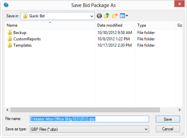 Quick Bid Save Bid Package dialog box