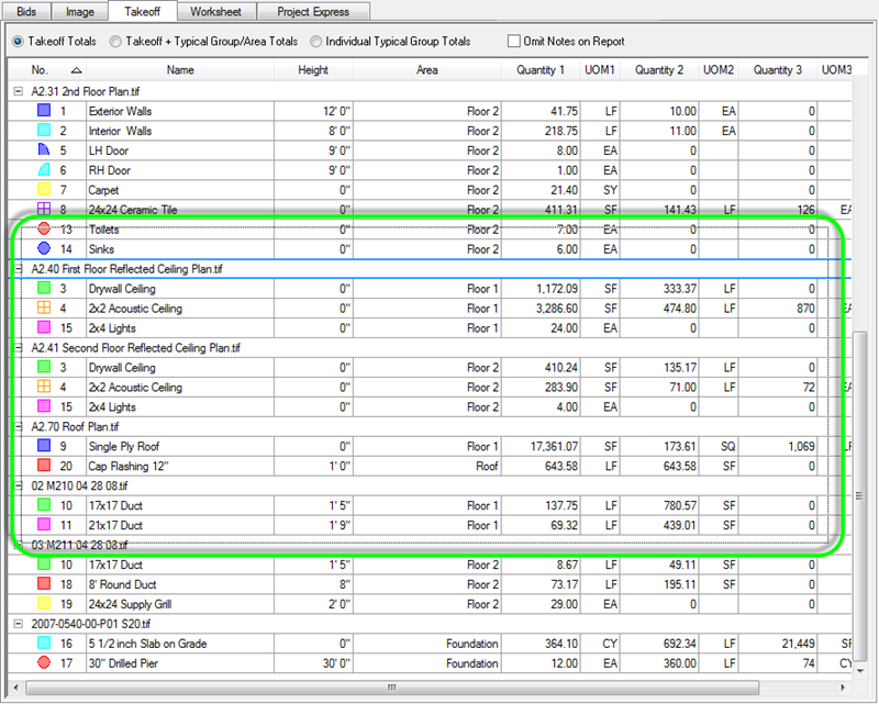 On-Screen Takeoff Takeoff (or Summary) Tab showing how to select rows of data to copy