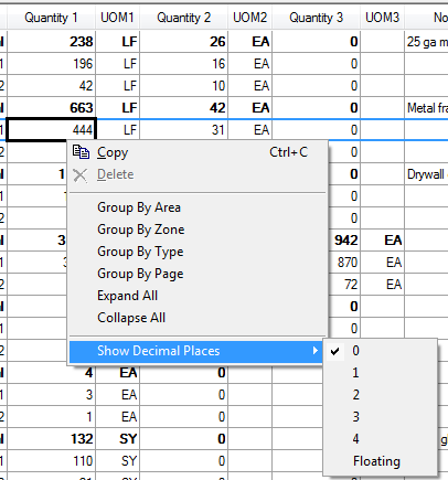 the Takeoff Tab Quantity column context menu adds the option to set decimal places