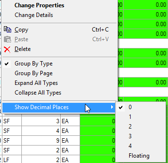 Worksheet tab Quantity column context menu