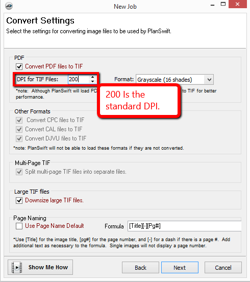PlanSwift New Job dialog box Convert Settings tab