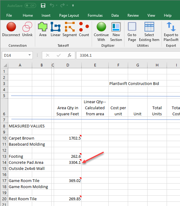 PlanSwift Integration Using Existing Item option