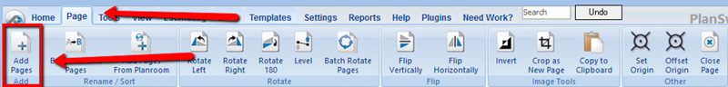 PlanSwift Pages Tab Add Pages buttton