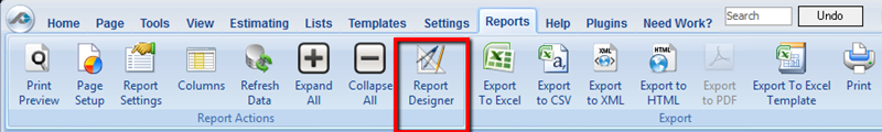 PlanSwift Reports Tab ribbon bar with ReportDesigner button highlighted